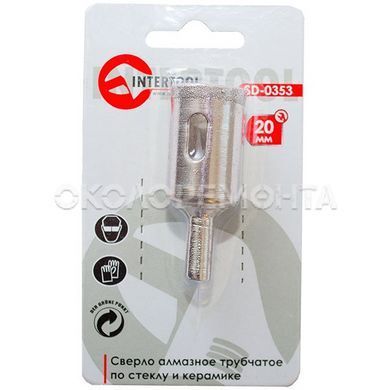 Сверла Сверло алмазное трубчатое по стеклу и керамике 20 мм INTERTOOL SD-0353